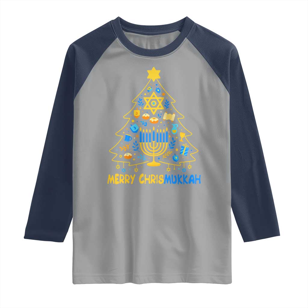 Merry Chrismukkah Raglan Shirt Jewish Happy Hanukkah Christmas Tree TS10 Sport Gray Navy Print Your Wear