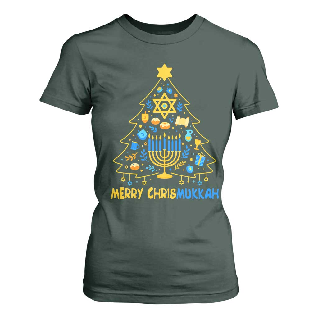 Merry Chrismukkah T Shirt For Women Jewish Happy Hanukkah Christmas Tree TS10 Dark Forest Green Print Your Wear