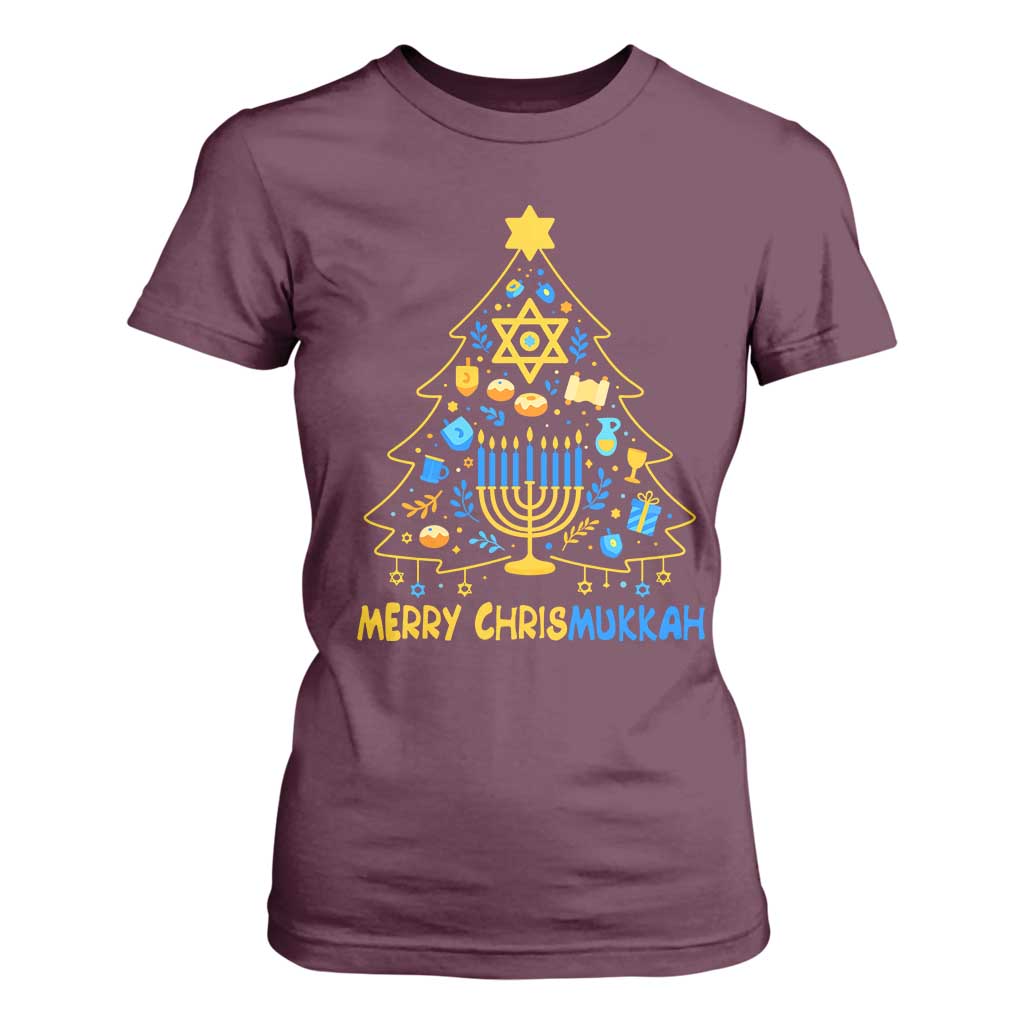 Merry Chrismukkah T Shirt For Women Jewish Happy Hanukkah Christmas Tree TS10 Maroon Print Your Wear