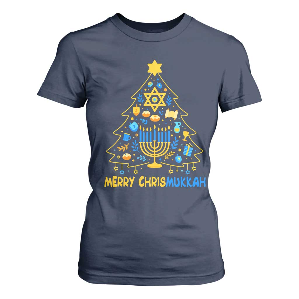 Merry Chrismukkah T Shirt For Women Jewish Happy Hanukkah Christmas Tree TS10 Navy Print Your Wear