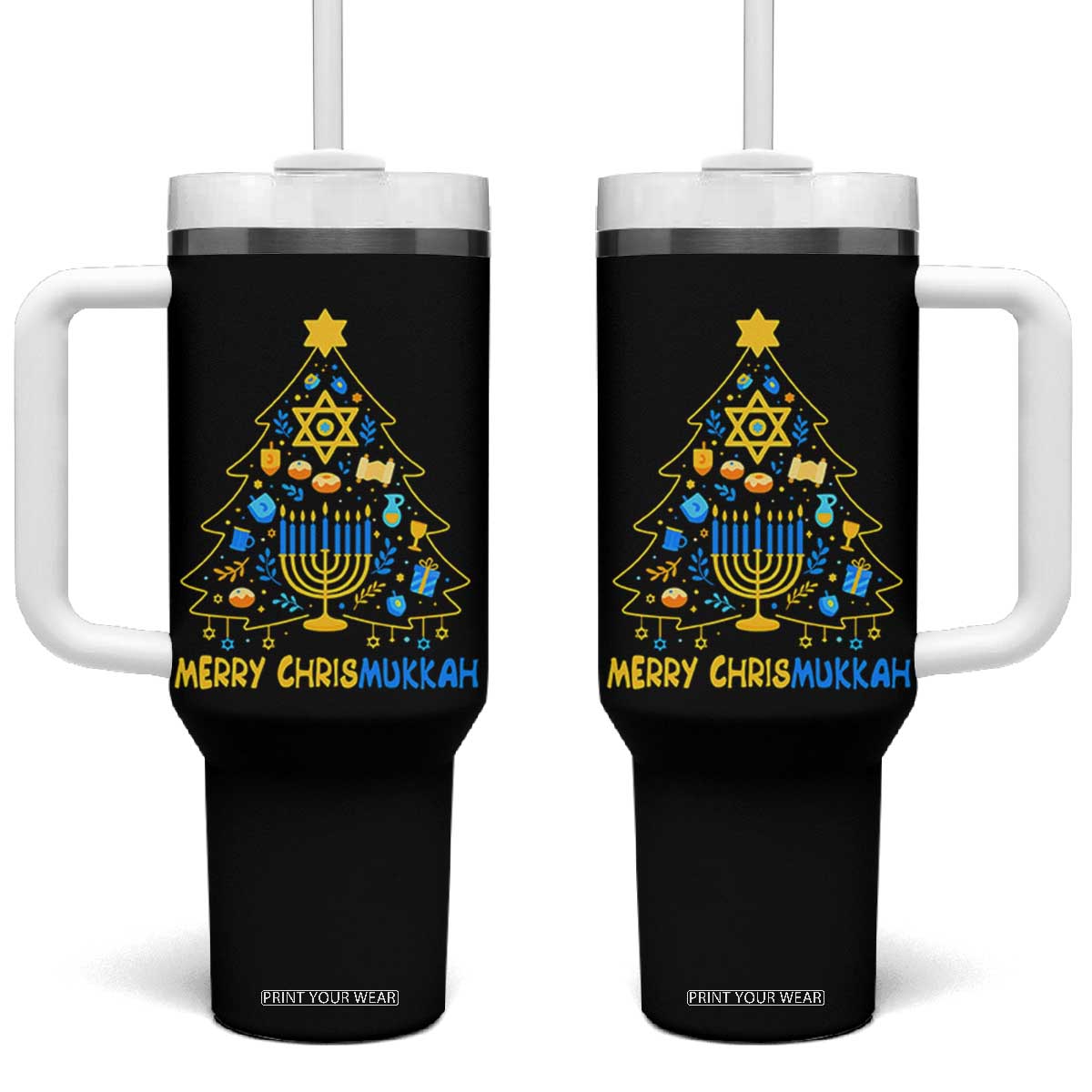 Merry Chrismukkah Tumbler With Handle Jewish Happy Hanukkah Christmas Tree TS10 One Size: 40 oz Black Print Your Wear