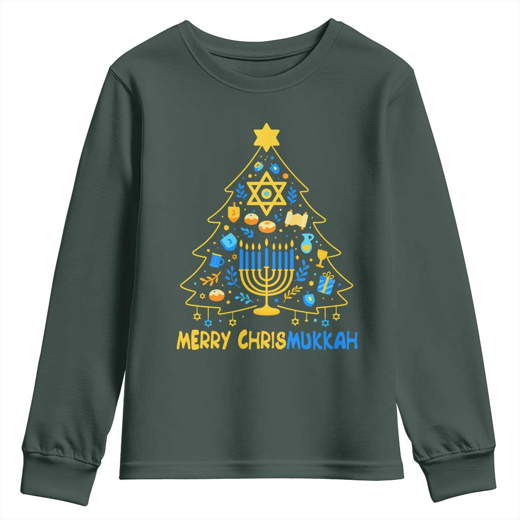 Merry Chrismukkah Youth Sweatshirt Jewish Happy Hanukkah Christmas Tree TS10 Dark Forest Green Print Your Wear