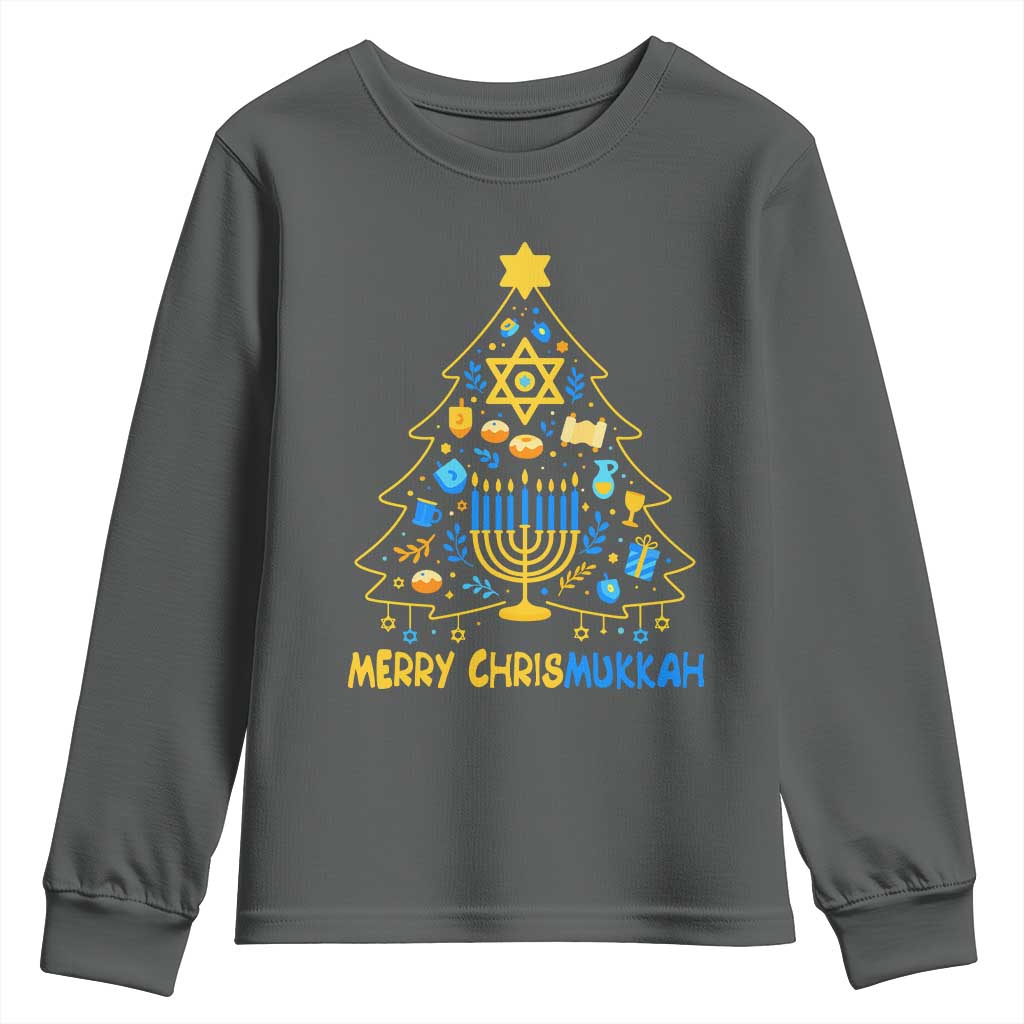 Merry Chrismukkah Youth Sweatshirt Jewish Happy Hanukkah Christmas Tree TS10 Dark Heather Print Your Wear
