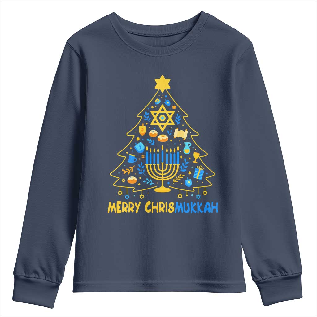 Merry Chrismukkah Youth Sweatshirt Jewish Happy Hanukkah Christmas Tree TS10 Navy Print Your Wear