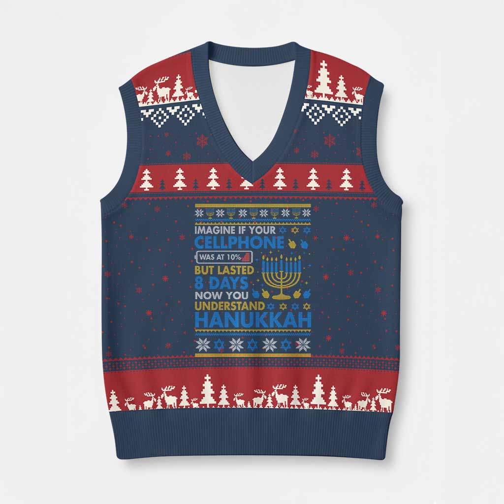 Funny Ugly Hanukkah V-Neck Knit Sweater Vest Imagine Your Cellphone Chanukah Jewish TS10 Navy Red Print Your Wear