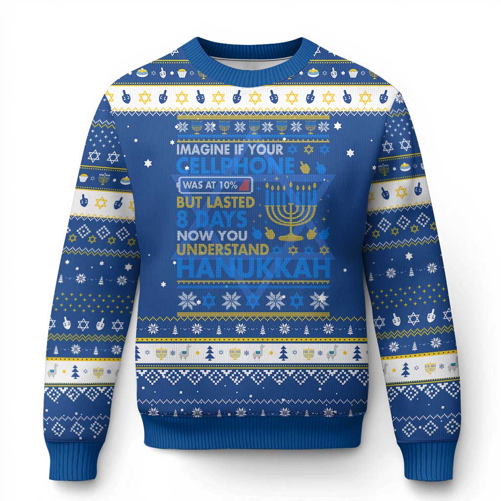 Funny Ugly Hanukkah Hanukkah Ugly Sweater Imagine Your Cellphone Chanukah Jewish TS10 Blue White Print Your Wear