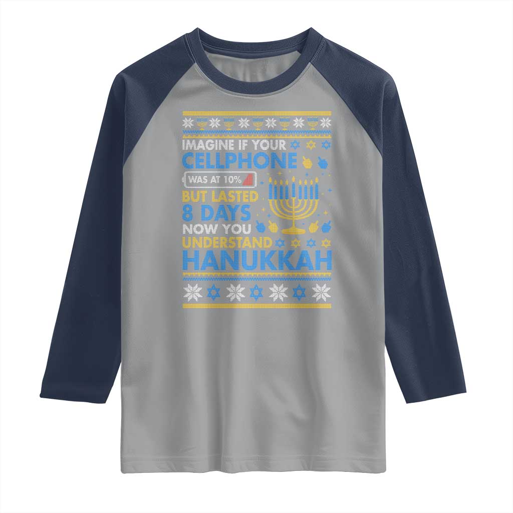 Funny Ugly Hanukkah Raglan Shirt Imagine Your Cellphone Chanukah Jewish TS10 Sport Gray Navy Print Your Wear