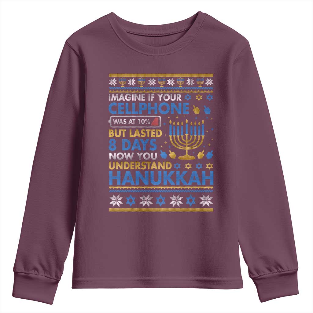 Funny Ugly Hanukkah Youth Sweatshirt Imagine Your Cellphone Chanukah Jewish TS10 Maroon Print Your Wear