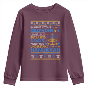 Funny Ugly Hanukkah Youth Sweatshirt Imagine Your Cellphone Chanukah Jewish TS10 Maroon Print Your Wear