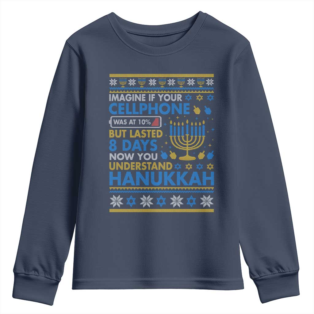 Funny Ugly Hanukkah Youth Sweatshirt Imagine Your Cellphone Chanukah Jewish TS10 Navy Print Your Wear