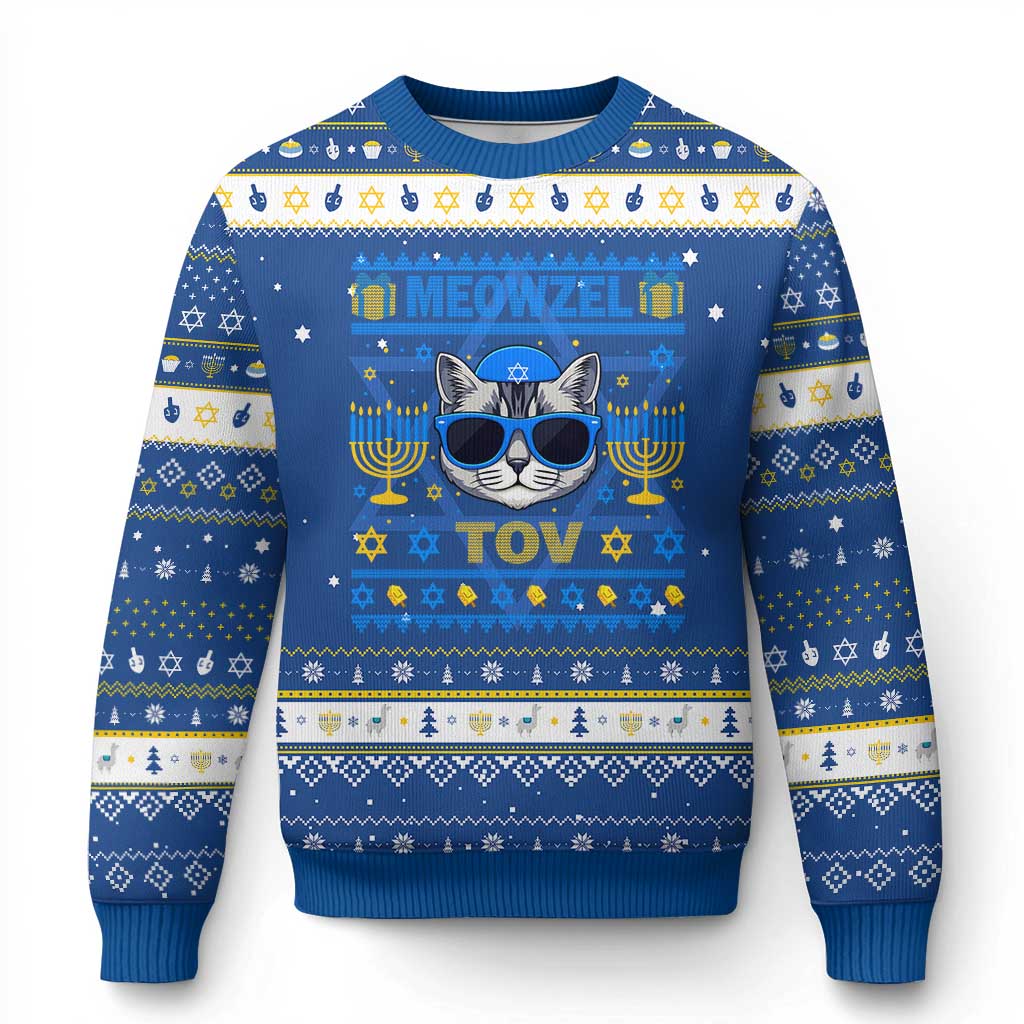 Cat Hanukkah Hanukkah Ugly Sweater Meowzel Tov Jewish Cat Owner Ugly Chanukah TS10 Blue White Print Your Wear