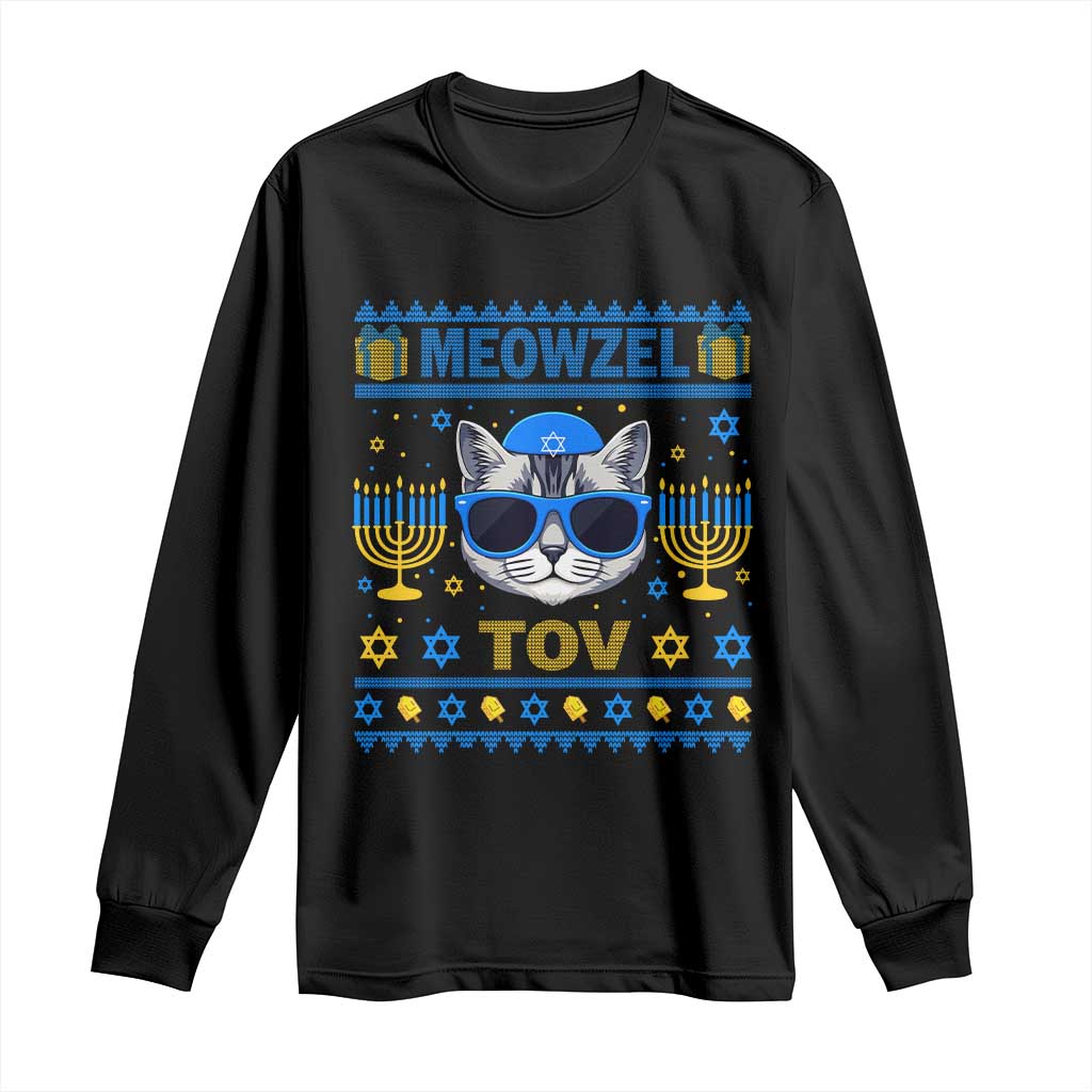 Cat Hanukkah Long Sleeve Shirt Meowzel Tov Jewish Cat Owner Ugly Chanukah TS10 Black Print Your Wear