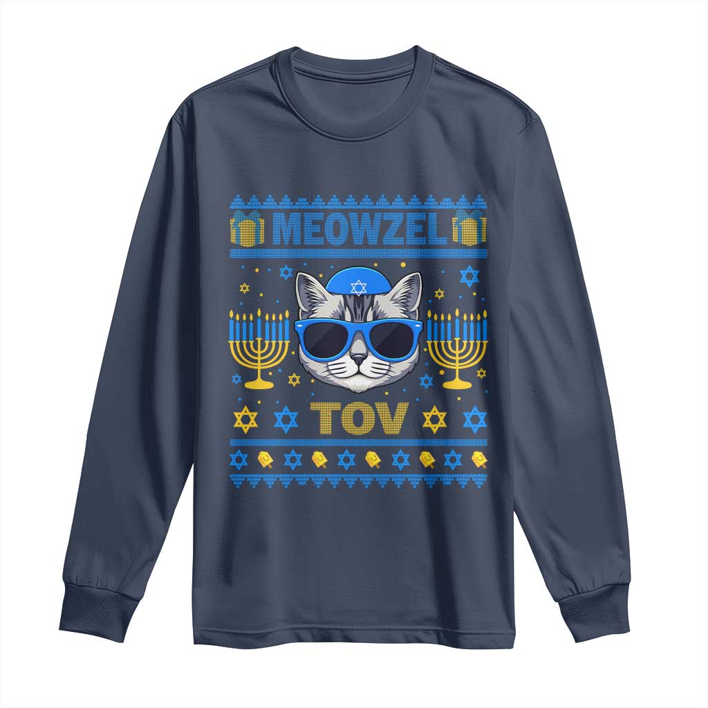Cat Hanukkah Long Sleeve Shirt Meowzel Tov Jewish Cat Owner Ugly Chanukah TS10 Navy Print Your Wear