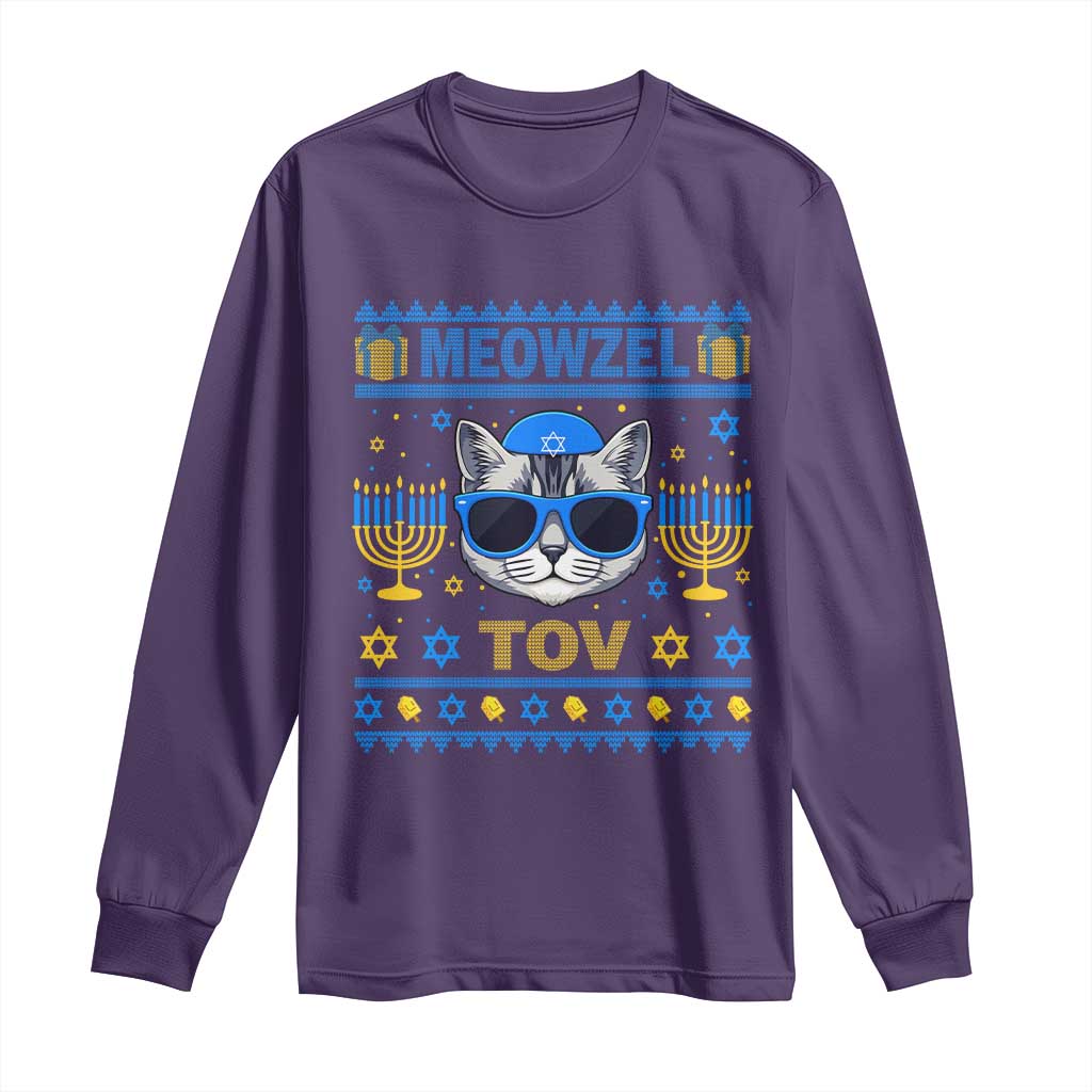Cat Hanukkah Long Sleeve Shirt Meowzel Tov Jewish Cat Owner Ugly Chanukah TS10 Purple Print Your Wear