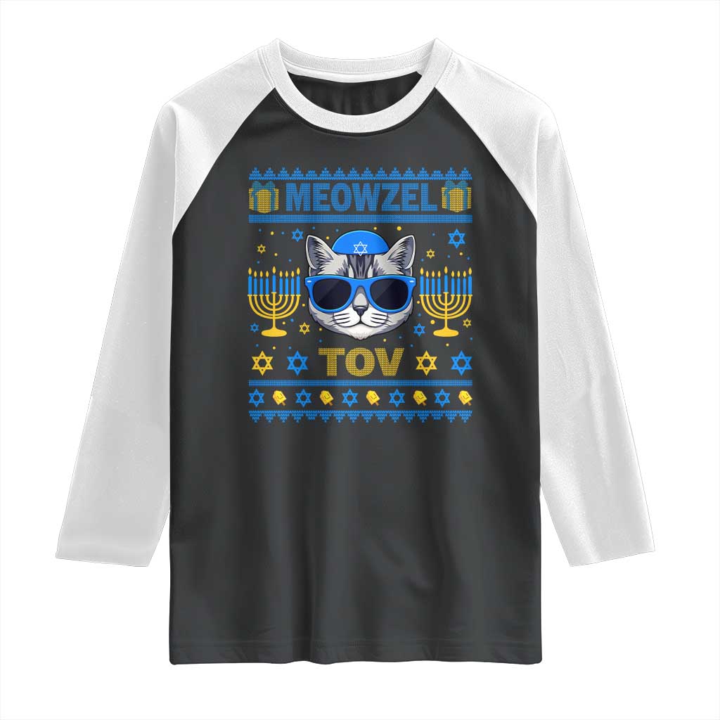 Cat Hanukkah Raglan Shirt Meowzel Tov Jewish Cat Owner Ugly Chanukah TS10 Black White Print Your Wear