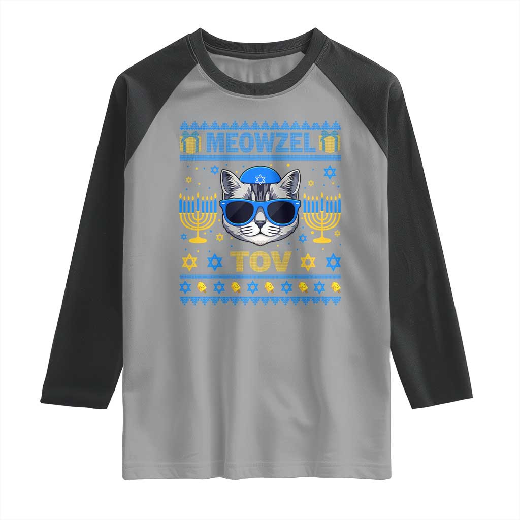 Cat Hanukkah Raglan Shirt Meowzel Tov Jewish Cat Owner Ugly Chanukah TS10 Sport Gray Black Print Your Wear