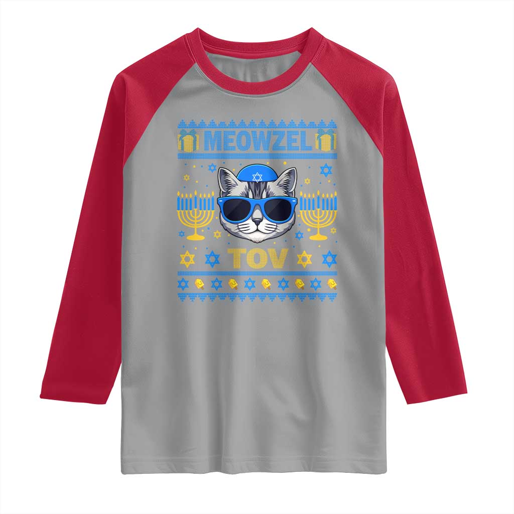 Cat Hanukkah Raglan Shirt Meowzel Tov Jewish Cat Owner Ugly Chanukah TS10 Sport Gray Red Print Your Wear