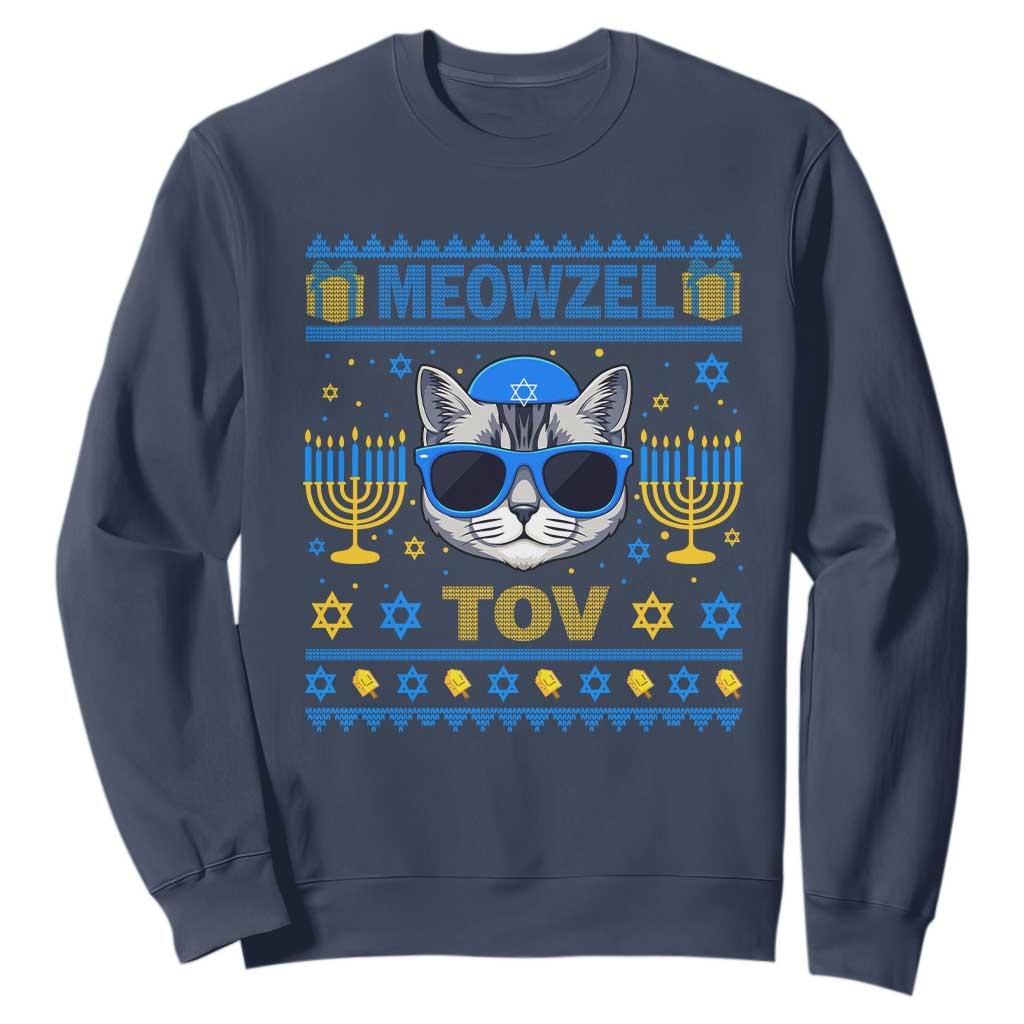 Cat Hanukkah Sweatshirt Meowzel Tov Jewish Cat Owner Ugly Chanukah TS10 Navy Print Your Wear