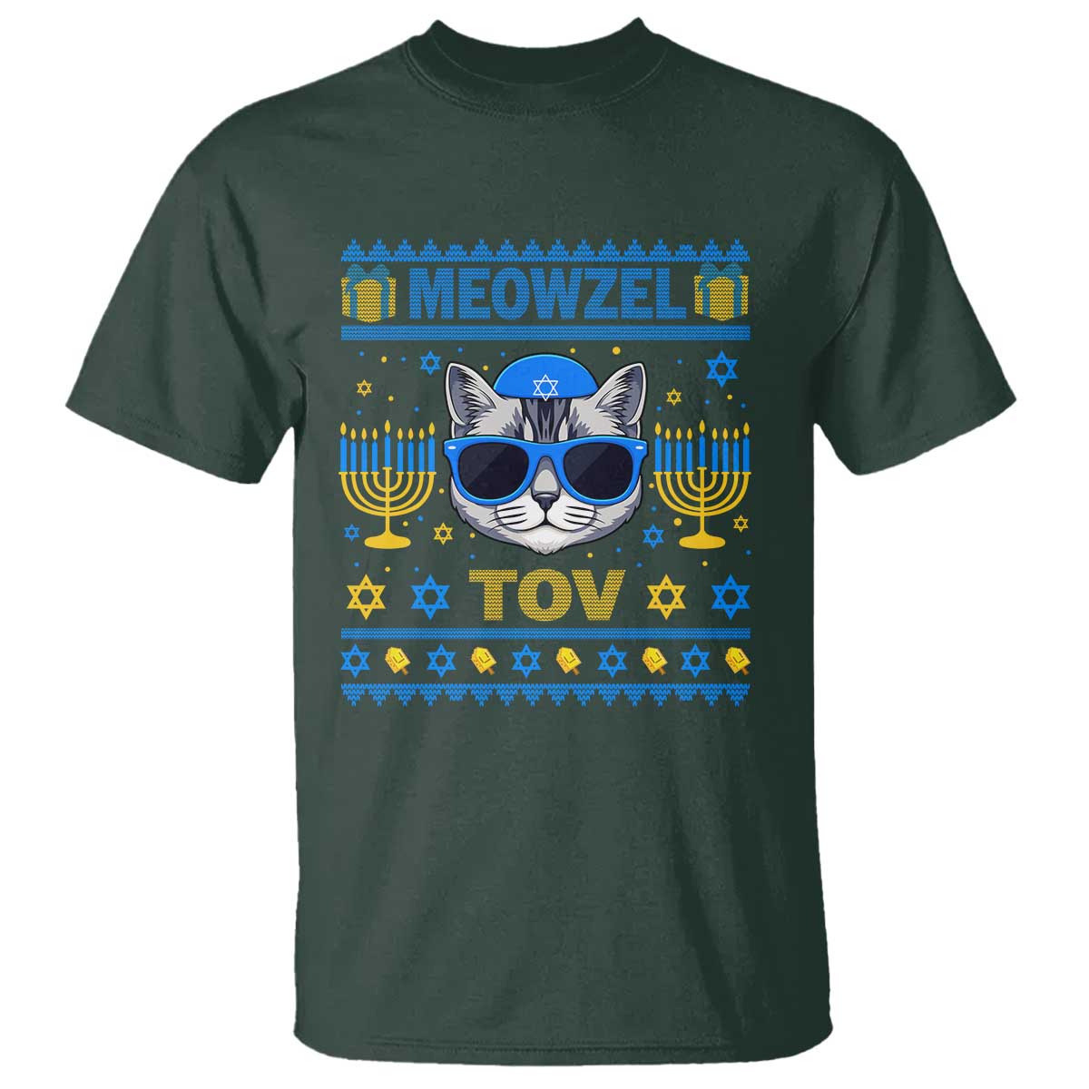 Cat Hanukkah T Shirt Meowzel Tov Jewish Cat Owner Ugly Chanukah TS10 Dark Forest Green Print Your Wear