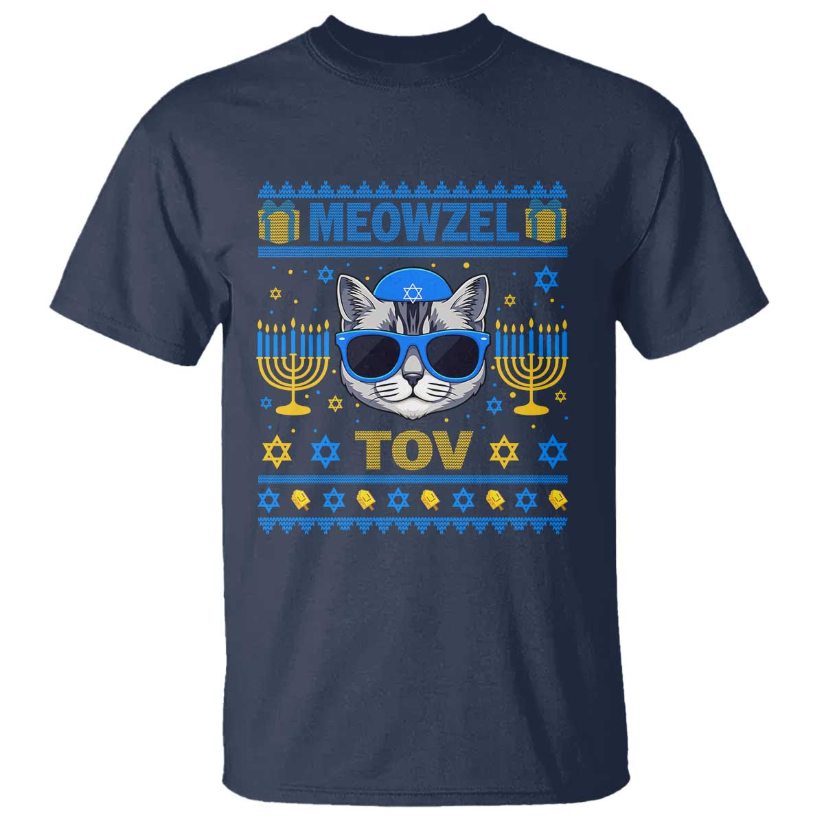Cat Hanukkah T Shirt Meowzel Tov Jewish Cat Owner Ugly Chanukah TS10 Navy Print Your Wear