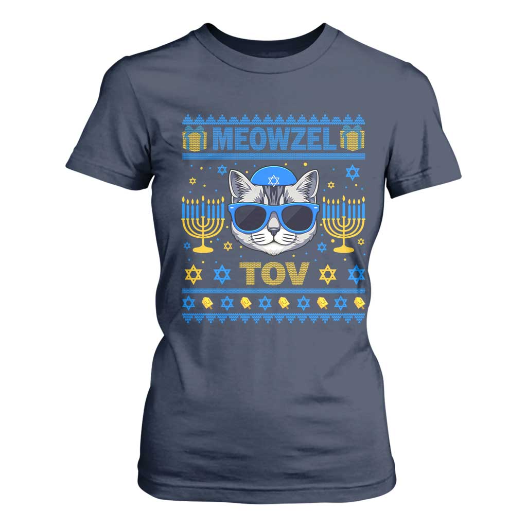 Cat Hanukkah T Shirt For Women Meowzel Tov Jewish Cat Owner Ugly Chanukah TS10 Navy Print Your Wear