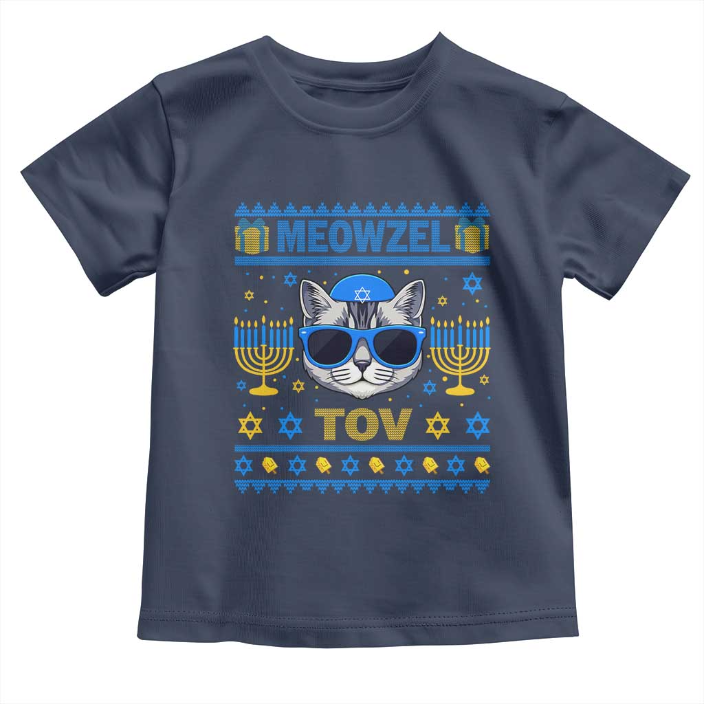 Cat Hanukkah Toddler T Shirt Meowzel Tov Jewish Cat Owner Ugly Chanukah TS10 Navy Print Your Wear