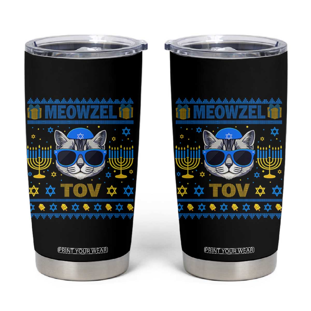 Cat Hanukkah Tumbler Cup Meowzel Tov Jewish Cat Owner Ugly Chanukah TS10 Black Print Your Wear