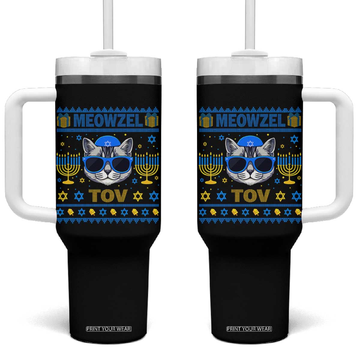 Cat Hanukkah Tumbler With Handle Meowzel Tov Jewish Cat Owner Ugly Chanukah TS10 One Size: 40 oz Black Print Your Wear