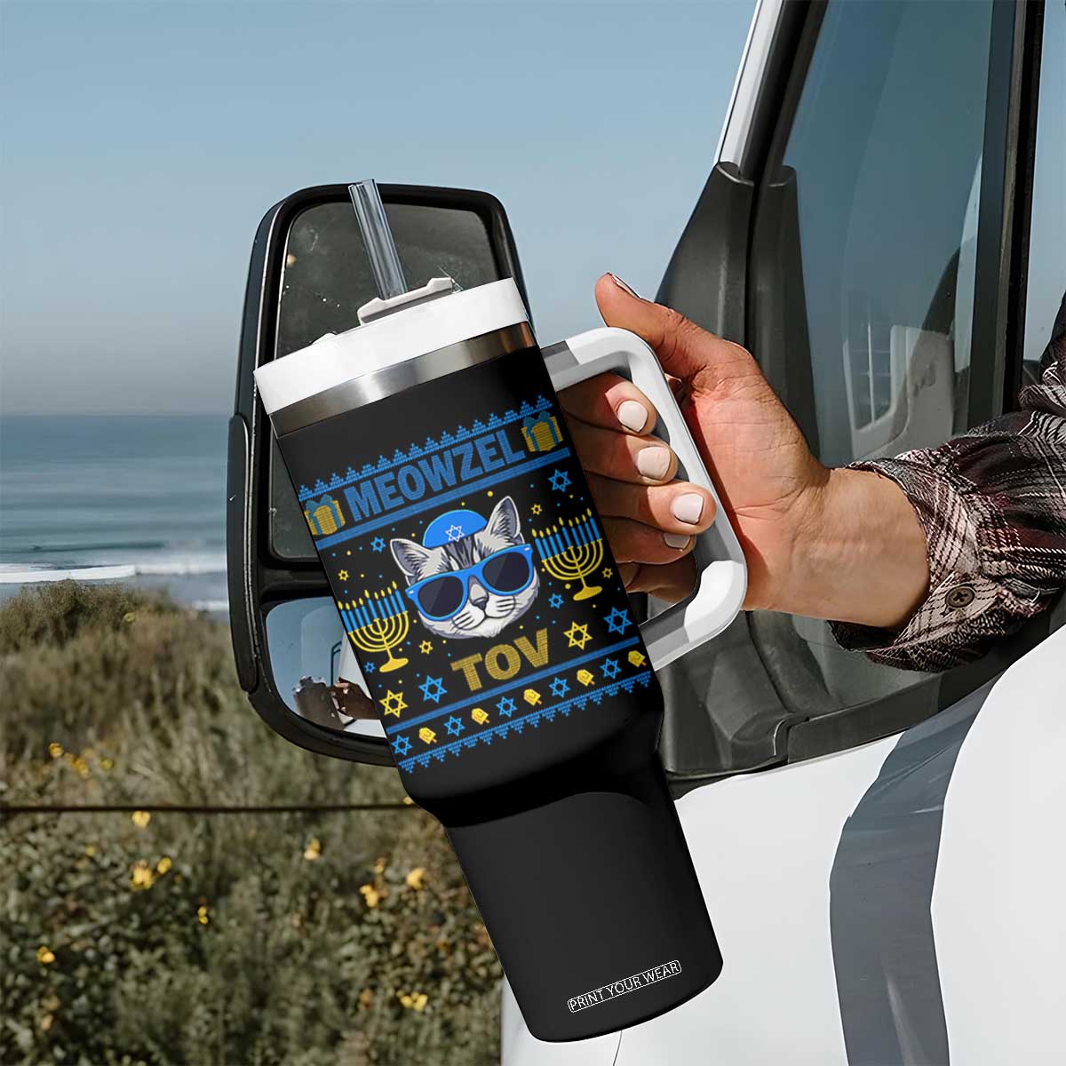 Cat Hanukkah Tumbler With Handle Meowzel Tov Jewish Cat Owner Ugly Chanukah TS10 Print Your Wear