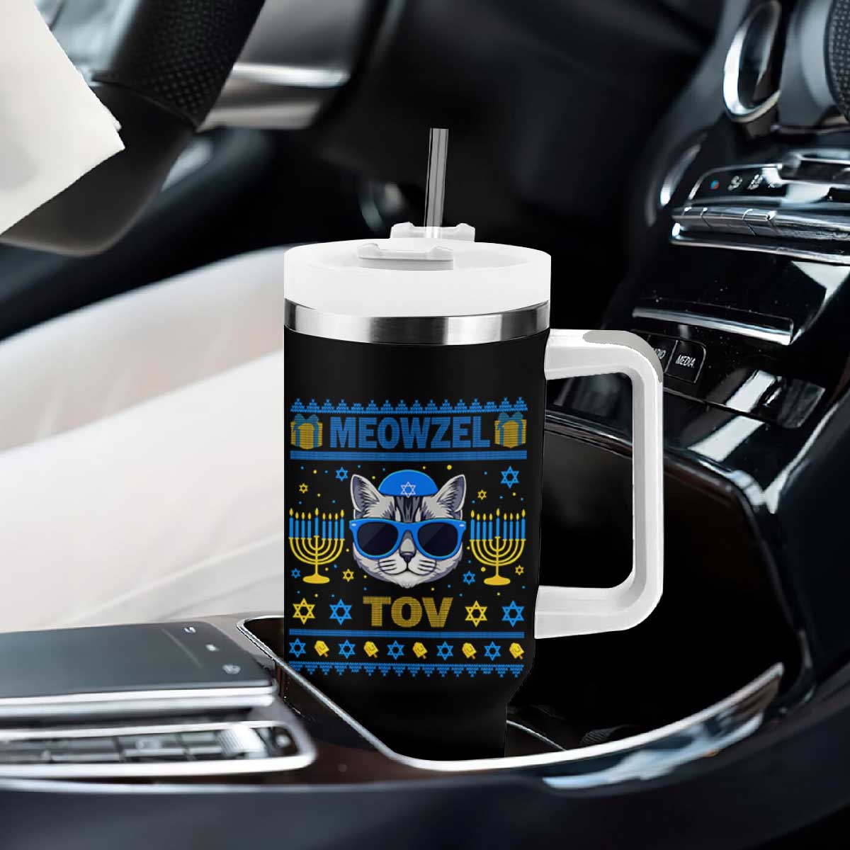 Cat Hanukkah Tumbler With Handle Meowzel Tov Jewish Cat Owner Ugly Chanukah TS10 Print Your Wear