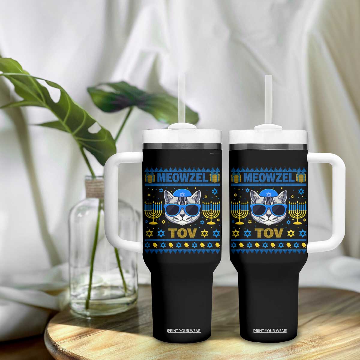 Cat Hanukkah Tumbler With Handle Meowzel Tov Jewish Cat Owner Ugly Chanukah TS10 Print Your Wear