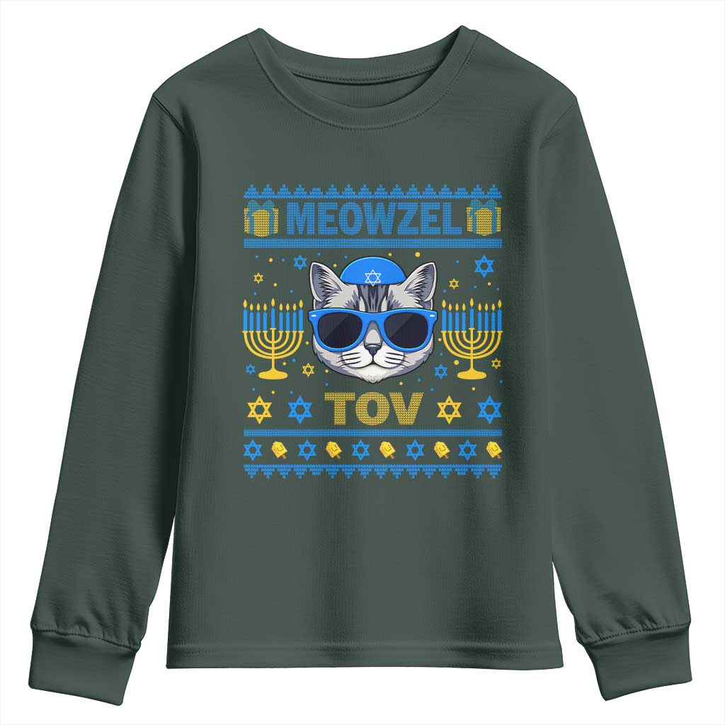 Cat Hanukkah Youth Sweatshirt Meowzel Tov Jewish Cat Owner Ugly Chanukah TS10 Dark Forest Green Print Your Wear