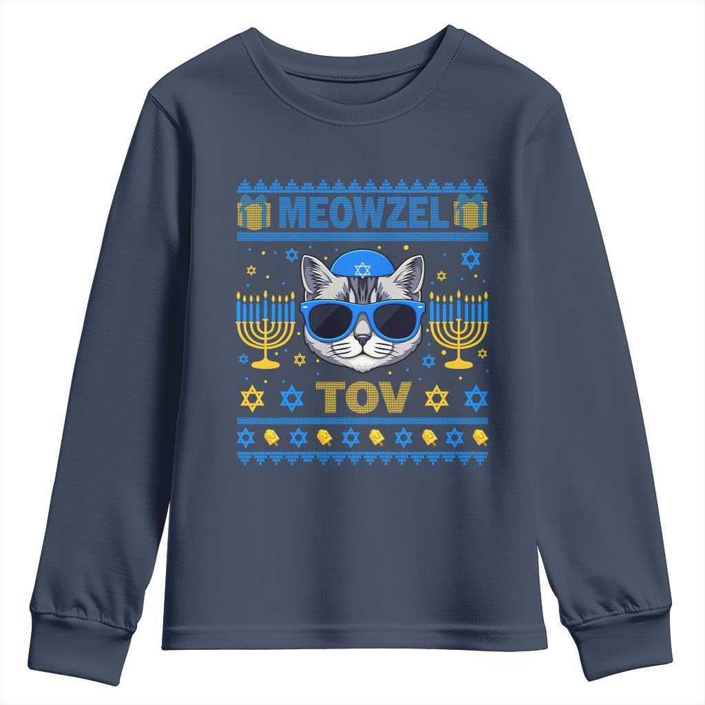 Cat Hanukkah Youth Sweatshirt Meowzel Tov Jewish Cat Owner Ugly Chanukah TS10 Navy Print Your Wear