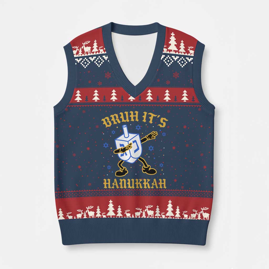 Bruh Hanukkah V-Neck Knit Sweater Vest Funny Dabbing Dreidel Love Jewish Chanukah Jew Gift TS10 Navy Red Print Your Wear