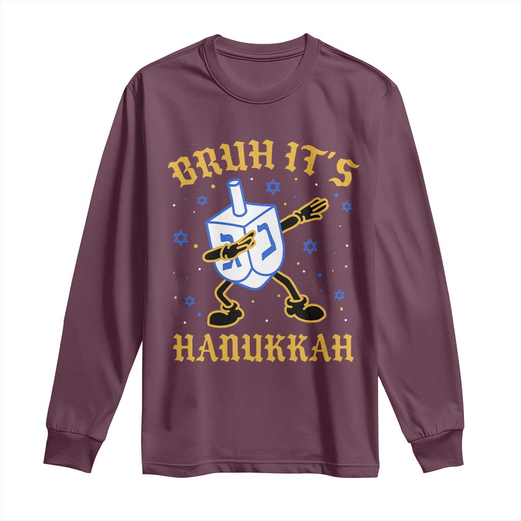 Bruh Hanukkah Long Sleeve Shirt Funny Dabbing Dreidel Love Jewish Chanukah Jew Gift TS10 Maroon Print Your Wear