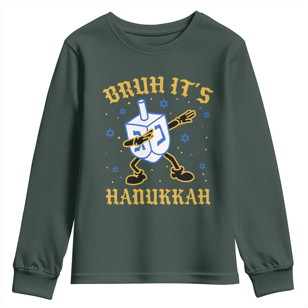 Bruh Hanukkah Youth Sweatshirt Funny Dabbing Dreidel Love Jewish Chanukah Jew Gift TS10 Dark Forest Green Print Your Wear