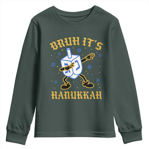 Bruh Hanukkah Youth Sweatshirt Funny Dabbing Dreidel Love Jewish Chanukah Jew Gift TS10 Dark Forest Green Print Your Wear
