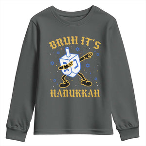 Bruh Hanukkah Youth Sweatshirt Funny Dabbing Dreidel Love Jewish Chanukah Jew Gift TS10 Dark Heather Print Your Wear