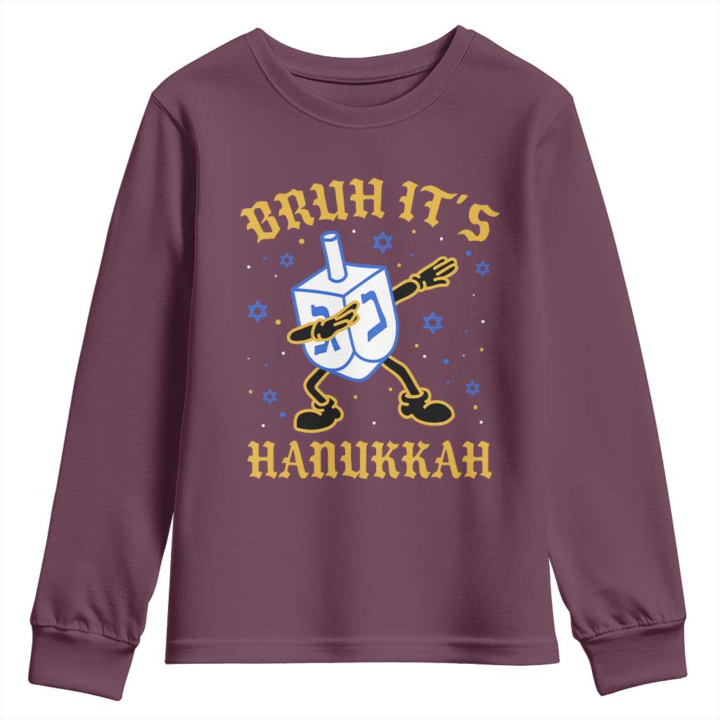 Bruh Hanukkah Youth Sweatshirt Funny Dabbing Dreidel Love Jewish Chanukah Jew Gift TS10 Maroon Print Your Wear