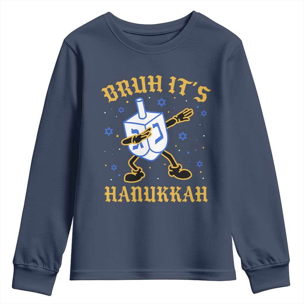 Bruh Hanukkah Youth Sweatshirt Funny Dabbing Dreidel Love Jewish Chanukah Jew Gift TS10 Navy Print Your Wear