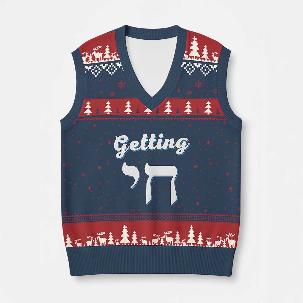 Funny Jewish V-Neck Knit Sweater Vest Getting Chai High Hanukkah Humor TS10 Navy Red Print Your Wear