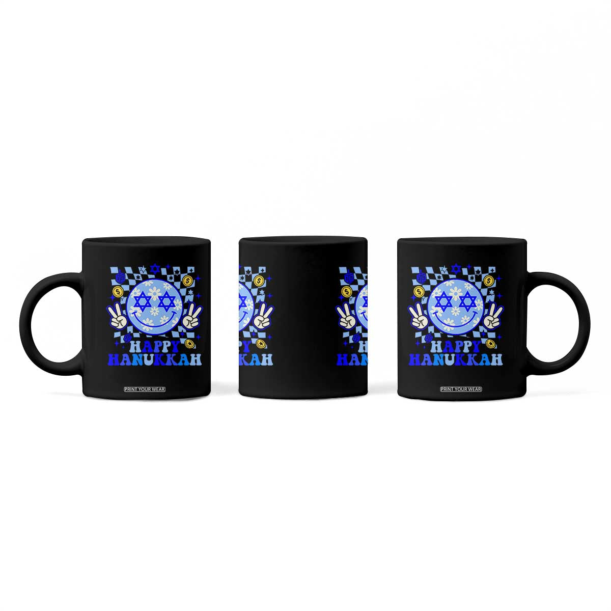 Happy Hanukkah Coffee Mug Groovy Star Of David Smile Face Chanukah Pajama TS10 Print Your Wear