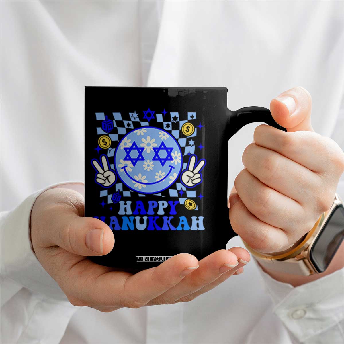 Happy Hanukkah Coffee Mug Groovy Star Of David Smile Face Chanukah Pajama TS10 Print Your Wear