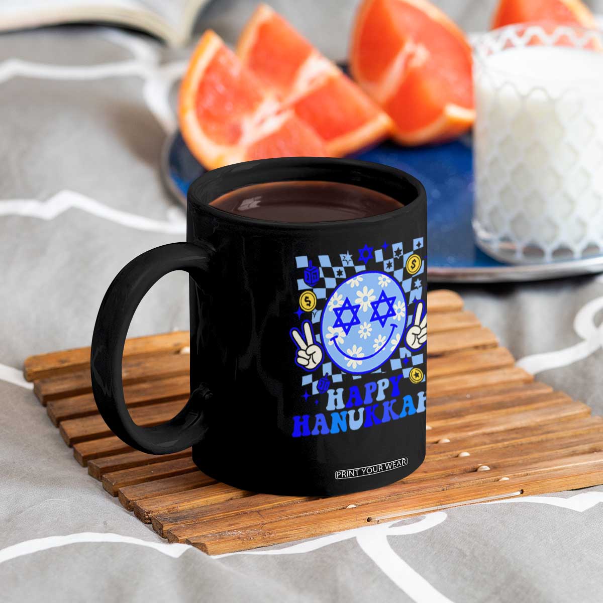 Happy Hanukkah Coffee Mug Groovy Star Of David Smile Face Chanukah Pajama TS10 Print Your Wear