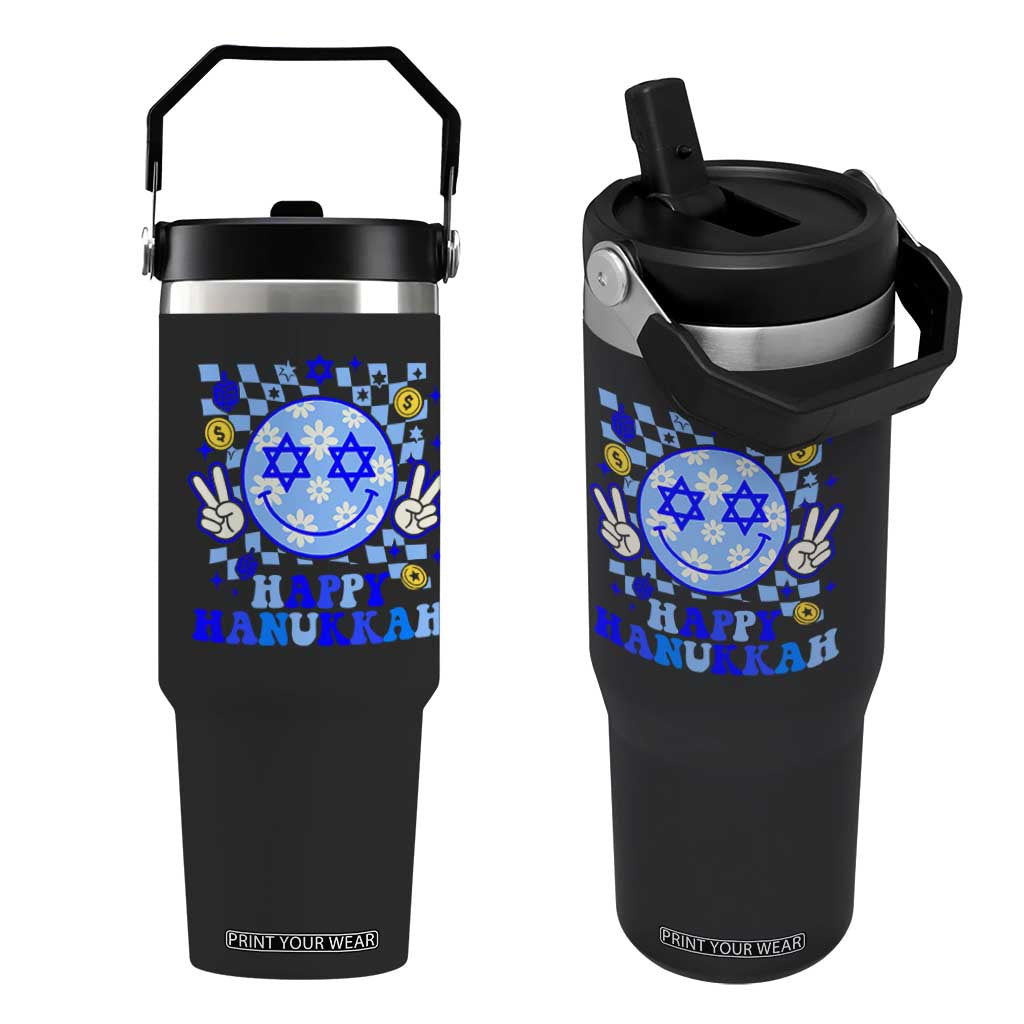 Happy Hanukkah Flip Straw Tumbler Groovy Star Of David Smile Face Chanukah Pajama TS10 One Size: 30 oz Black Print Your Wear