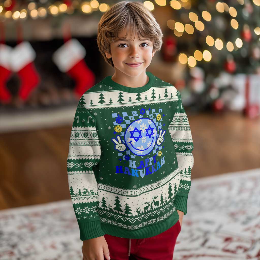 Happy Hanukkah Ugly Christmas Sweater Groovy Star Of David Smile Face Chanukah Pajama TS10 Forest Green Beige Print Your Wear