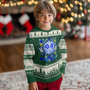 Happy Hanukkah Ugly Christmas Sweater Groovy Star Of David Smile Face Chanukah Pajama TS10 Forest Green Beige Print Your Wear