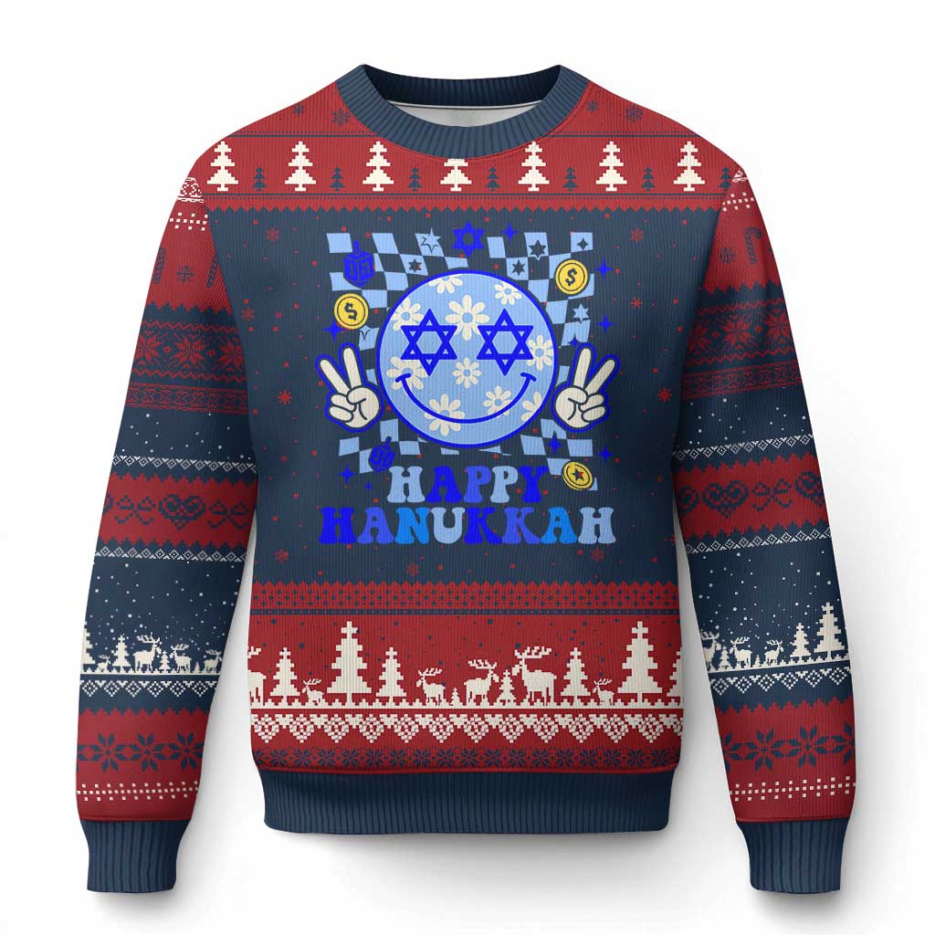 Happy Hanukkah Ugly Christmas Sweater Groovy Star Of David Smile Face Chanukah Pajama TS10 Navy Red Print Your Wear