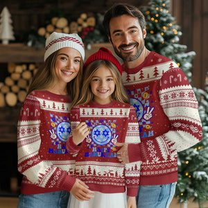 Happy Hanukkah Ugly Christmas Sweater Groovy Star Of David Smile Face Chanukah Pajama TS10 Red Beige Print Your Wear