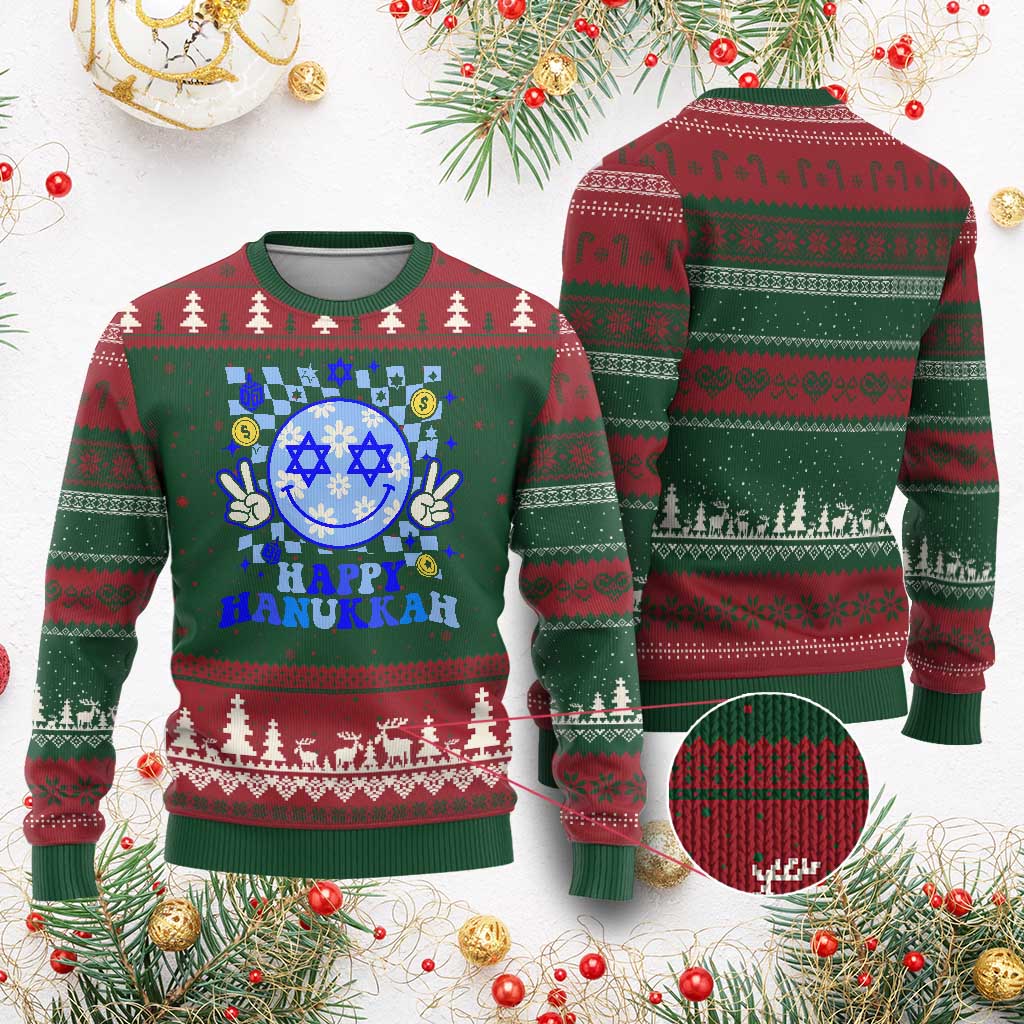 Happy Hanukkah Ugly Christmas Sweater Groovy Star Of David Smile Face Chanukah Pajama TS10 Red Green Print Your Wear